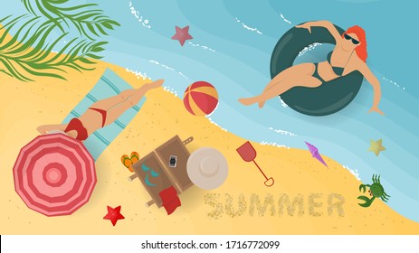web page design concept, banner summer vacation, girls bathing and sunbathing under umbrellas, on a sandy beach on the shore of a reservoir of the sea, flat vector illustration cartoon
