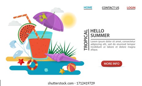 web page design concept, summer vacation, a glass of drink juice with a watermelon slice and an umbrella, stands on a sandy beach, flat vector illustration cartoon