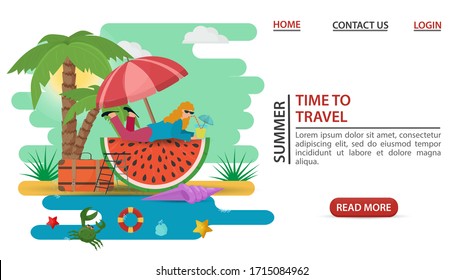 web page design concept, summer vacation, girl lying on a watermelon slice with juice, under palm trees on a sandy beach, flat vector illustration cartoon