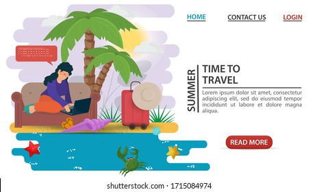 web page design concept, summer vacation, girl with laptop sitting on a sofa, under palm trees on a sandy beach, flat vector illustration cartoon