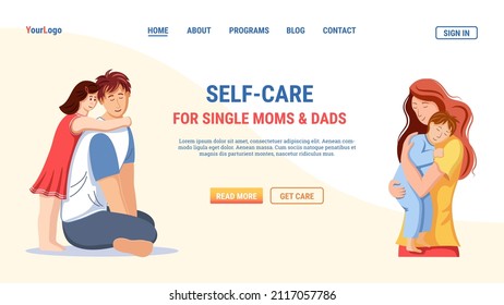 Web page design with courses for single moms and dads. Support for single fathers and mothers. Parenting, childcare, self-care, childhood, embrace. Vector Illustration for banner, poster, website.
