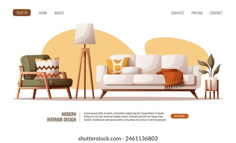 Web page design with Cozy armchair, sofa, potted plant, tripod floor lamp. Interior design, furniture, living room, home decor concept. Vector illustration for banner, website.