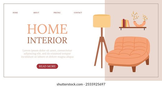 Web page design with cozy armchair, interior decor