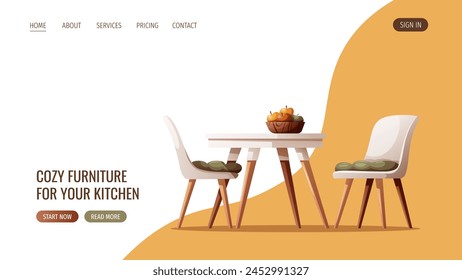 Web-Seitendesign mit gemütlichem weißem Esstisch mit Stühlen. Skandinavischer Stil. Home Interieur, Möbel, Esszimmer, Küche, Café-Konzept. Vektorillustration für Banner, Website.