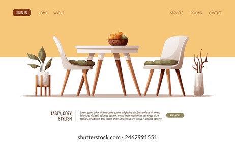 Web page design with cozy white dining table with chairs. Scandinavian style. Home interior, furniture, dining room, kitchen, cafe concept. Vector illustration for banner, website.