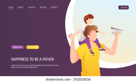 Web page design with Dad and little son on his shoulders. Fatherhood, Parenthood, Childhood, Father's Day Happy family concept. Vector Illustration for poster, banner, website.