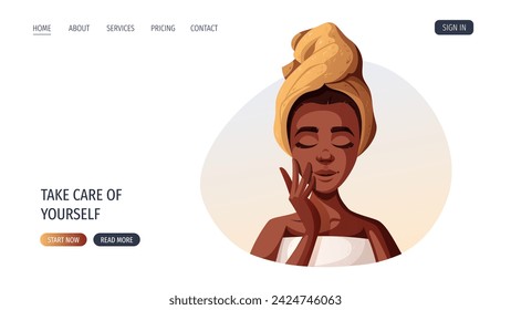 Web page design with dark skin woman with towels. Beauty, skin care, cosmetic, spa, shower concept. Vector illustration for banner, website, poster.