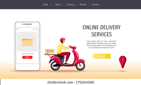 Web page design for Delivery services, Online order tracking, Scooter courier. Deliveryman on scooter and smartphone. Vector illustration for poster, banner, advertising, website.