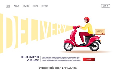 Web page design for Delivery services, Online order tracking, Scooter courier. Deliveryman riding a scooter. Vector illustration for poster, banner, advertising, website.