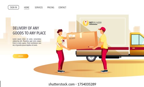 Web page design for Delivery services, Online order, trucking. Delivery men with big package and delivery truck on background. Vector illustration for poster, banner, advertising, website.