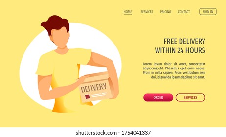 Web page design for Delivery services, Online order, Deliveryman, Home delivery. Man holding a parcel box. Vector illustration for poster, banner, advertising, website.