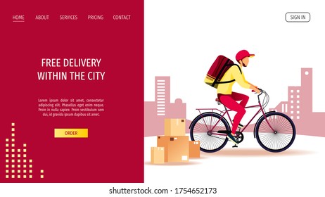 Diseño de página web para servicios de entrega, seguimiento de pedidos en línea, mensajería. Entrega a todo el hombre en bicicleta, cajas y paisajes urbanos en segundo plano. Ilustración vectorial para afiches, banner, publicidad, sitio web.