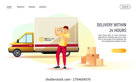 Diseño de página web para servicios de entrega, pedido en línea, transporte por carretera. Entregar al hombre con caja y camión de entrega en segundo plano. Ilustración vectorial para afiches, banner, publicidad, sitio web.