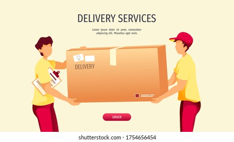 Diseño de página web para servicios de entrega, pedido en línea, Entrega, transporte de carga. Partos cargando una caja grande. Ilustración vectorial para afiches, banner, publicidad, sitio web.