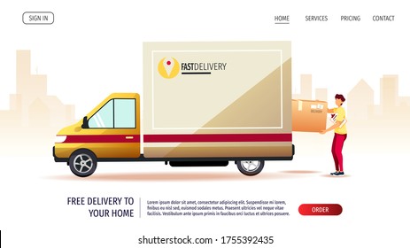 Web page design for Delivery services, Online order, trucking. Deliveryman with big box and delivery truck. Vector illustration for poster, banner, advertising, website.