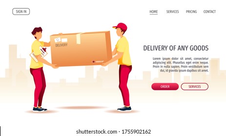 Diseño de página web para servicios de entrega, pedido en línea, Entrega, transporte de carga. Partos cargando una caja grande. Ilustración vectorial para afiches, banner, publicidad, sitio web.