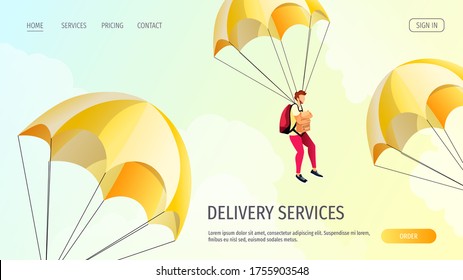 Web page design for Delivery services, Online order, Deliveryman, Cargo transportation. Deliveryman on parachute carrying a box. Vector illustration for poster, banner, advertising, website.
