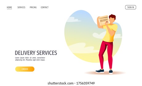 Webseitendesign für Zustelldienste, Online-Bestellung, Zustellung, Zustellung von Zuhause. Mann, der eine Paketschachtel hält. Vektorgrafik für Poster, Banner, Werbung, Website.
