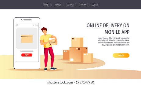 Web page design for Delivery services, Online order, Deliveryman, Home delivery. Man holding a parcel box and smartphone. Vector illustration for poster, banner, advertising, website.