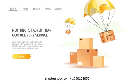 Diseño de página web para servicios de entrega, pedido en línea, transporte de carga. Cajas de paquetes volando en paracaídas. Ilustración vectorial para afiches, banner, publicidad, sitio web.