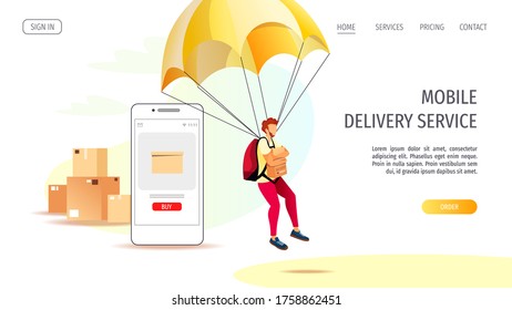 Web page design for Delivery services, Online order, Deliveryman, Cargo transportation. Smartphone and deliveryma on parachute carrying a box. Vector illustration.