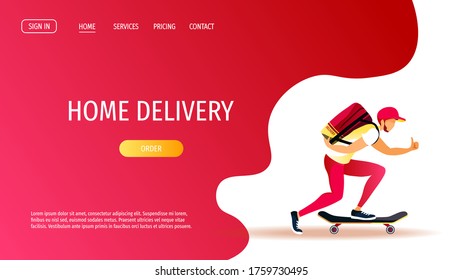 Web page design for Delivery services, Online order tracking, courier. Deliveryman with delivery backpack on skateboard. Vector illustration for poster, banner, advertising, website.