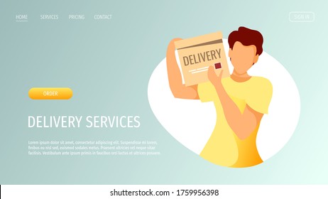 Webseitendesign für Zustelldienste, Online-Zustellung Mann, Heimzulieferkonzept. Mann, der eine Paketschachtel hält. Vektorgrafik für Poster, Banner, Werbung, Website.