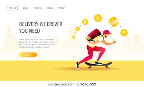 Web page design for Delivery services, Online order tracking, courier. Deliveryman with delivery backpack on skateboard. Vector illustration for poster, banner, advertising, website.
