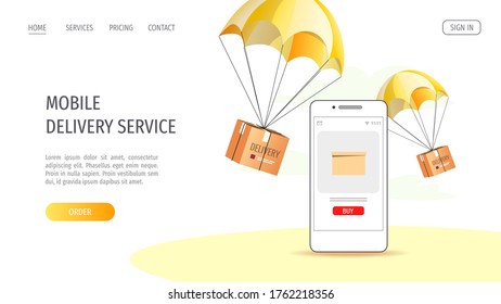 Diseño de página web para servicios de entrega, pedido en línea, transporte de carga. Cajas de paquetes volando en paracaídas y smartphone. Ilustración vectorial para afiches, banner, publicidad, sitio web.