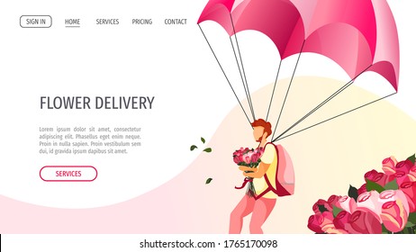 Diseño de página web para servicios de entrega, pedido en línea, entrega de flores. Entrega en paracaídas cargando un ramo de flores. Ilustración vectorial para afiches, banner, publicidad, sitio web.