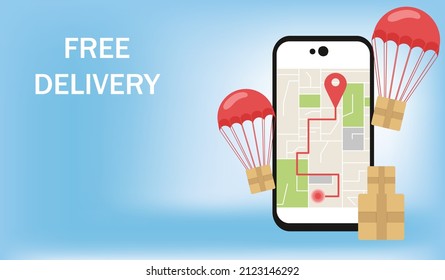 Diseño de página web para servicios de entrega, pedido en línea, transporte de carga. Cajas de paquetes volando en paracaídas sobre smartphone. Ilustración vectorial para afiches, banner, publicidad, sitio web. Pin en el mapa
