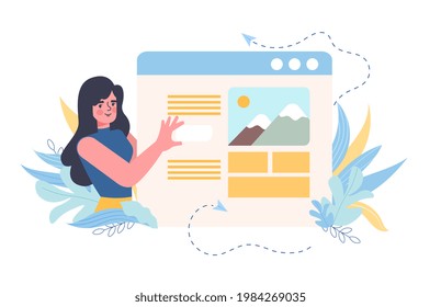 Web page design and development. Seo optimization for target searching process. User Interface UI and user experience UX content organization. Flat abstract metaphor cartoon vector concept design