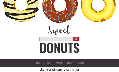 Diseño de página web para Donut Shop, Productos Dulces, Panadería, Pastelería, postre. Donuts con varias puntas sobre el fondo blanco. Ilustración vectorial para afiche, banner, sitio web, comercial, menú. 