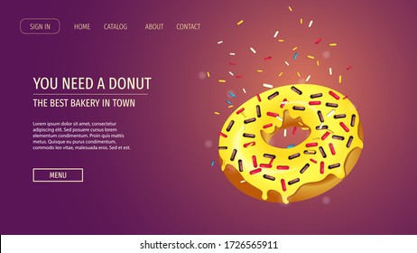 Web page design for Donut Shop, Sweet products, Dessert, Bakery, Confectionery. Flying donut with yellow topping. Vector illustration for poster, banner, website, commercial, menu, flyer. 