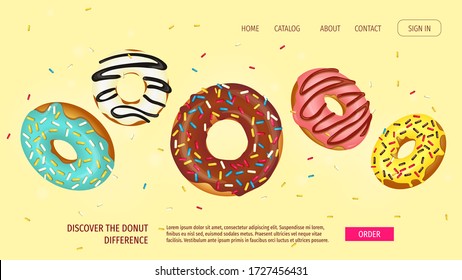 Web Page Design For Donut Shop, Sweet Products, Bakery, Confectionery, Dessert. Set Of Flying Donuts With Various Topping. Vector Illustration For Poster, Banner, Website, Commercial, Menu, Flyer. 