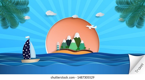 Web page design is during the summer. and the vast sea. and about travel.and vacations during the holidays. and a design Origami or paper art. and sailboat on the ocean.and illustration or background.
