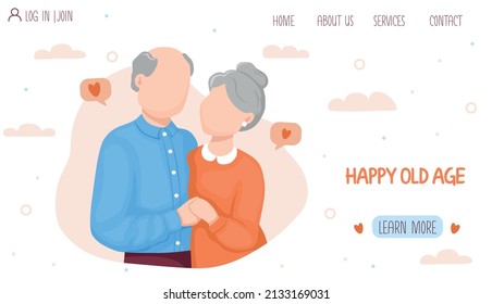 Web page design with elderly hugging couple. Love in old age, Grandparents Day, Happy family concept. Vector illustration for poster, banner, website.