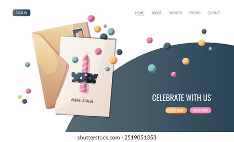 Web page design. Envelope with Birthday card. Birthday party, celebration, congratulations concept. Vector illustration. Website, banner.