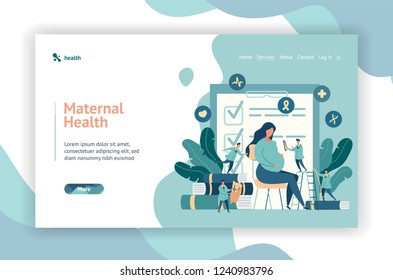 Web page design. expectant mother, pregnant woman at the doctor's office. little doctors examine a pregnant girl. vector illustration in modern style