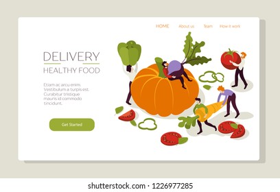 Web page design for farm fresh food, organic vegetable, delivery healthy food. Vector isometric concepts for website 