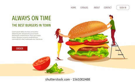 Web page design for Fast food, Junk food, Street cafe, Restaurant menu. Tiny people and Huge burger with meat, cheese, tomato, cucumber, lettuce. Perfect for poster, banner, flyer, menu, website.