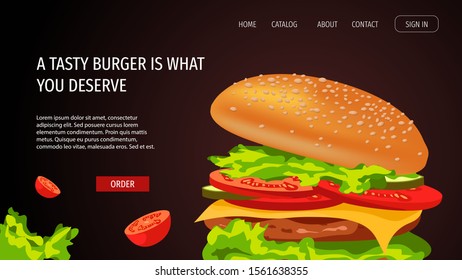 Web page design for Fast food, Street cafe, Restaurant menu, Junk food. Appetizing Burger with meat, cheese, tomato, cucumber, lettuce. Perfect for poster, banner, flyer, menu, website.