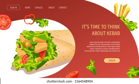 Web page design for Fast food, Kebab, Cooking, Food ordering. Yummy kebab with chicken, tomato, lettuce, french fries. Perfect for poster, banner, flyer, menu, website.