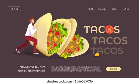 Web page design for Fast food, Tacos, Cooking, Food ordering, Mexican cuisine. Tiny man with huge Tacos with meat, tomato, lettuce, corn. Perfect for poster, banner, flyer, menu, website.