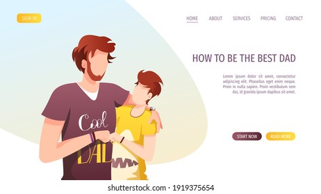 Web page design with father hugging his son. Fatherhood, Parenthood, Childhood, Father's Day Happy family concept. Vector Illustration for poster, banner, website.