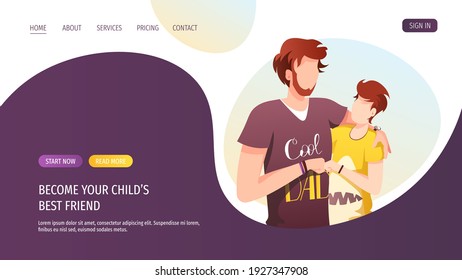 Diseño de páginas web con padre abrazando a su hijo. Padres, Paternidad, Niñez, Día del Padre Feliz concepto familiar. Ilustración vectorial para afiches, banner, sitio web.