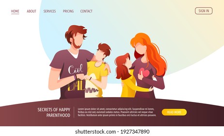 Web page design with father and mother hugging their children.Happy family day, Parenting, Childhood, relationship concept. Vector Illustration for poster, banner, website.