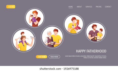 Web page design with fathers with their children of different ages. Fatherhood, Parenthood, Childhood, Father's Day Happy family concept. Vector Illustration for poster, banner, website.