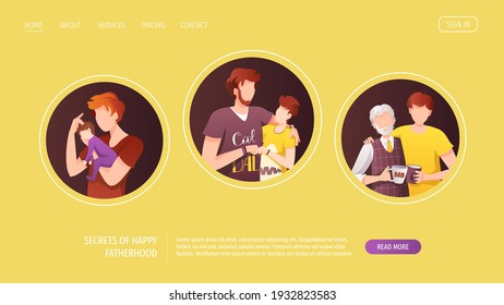 Web page design with fathers with their children of different ages. Fatherhood, Parenthood, Childhood, Father's Day Happy family concept. Vector Illustration for poster, banner, website.