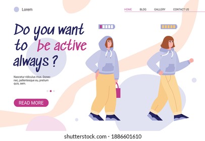 Web page design featuring active and tired person, flat cartoon vector illustration. Energetic and exhausted character in web design for energising programs or products.
